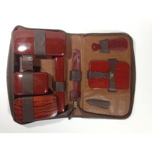 Men's Vintage Celluloid Vanity Travel Toiletry Grooming Set Kit Leather Case